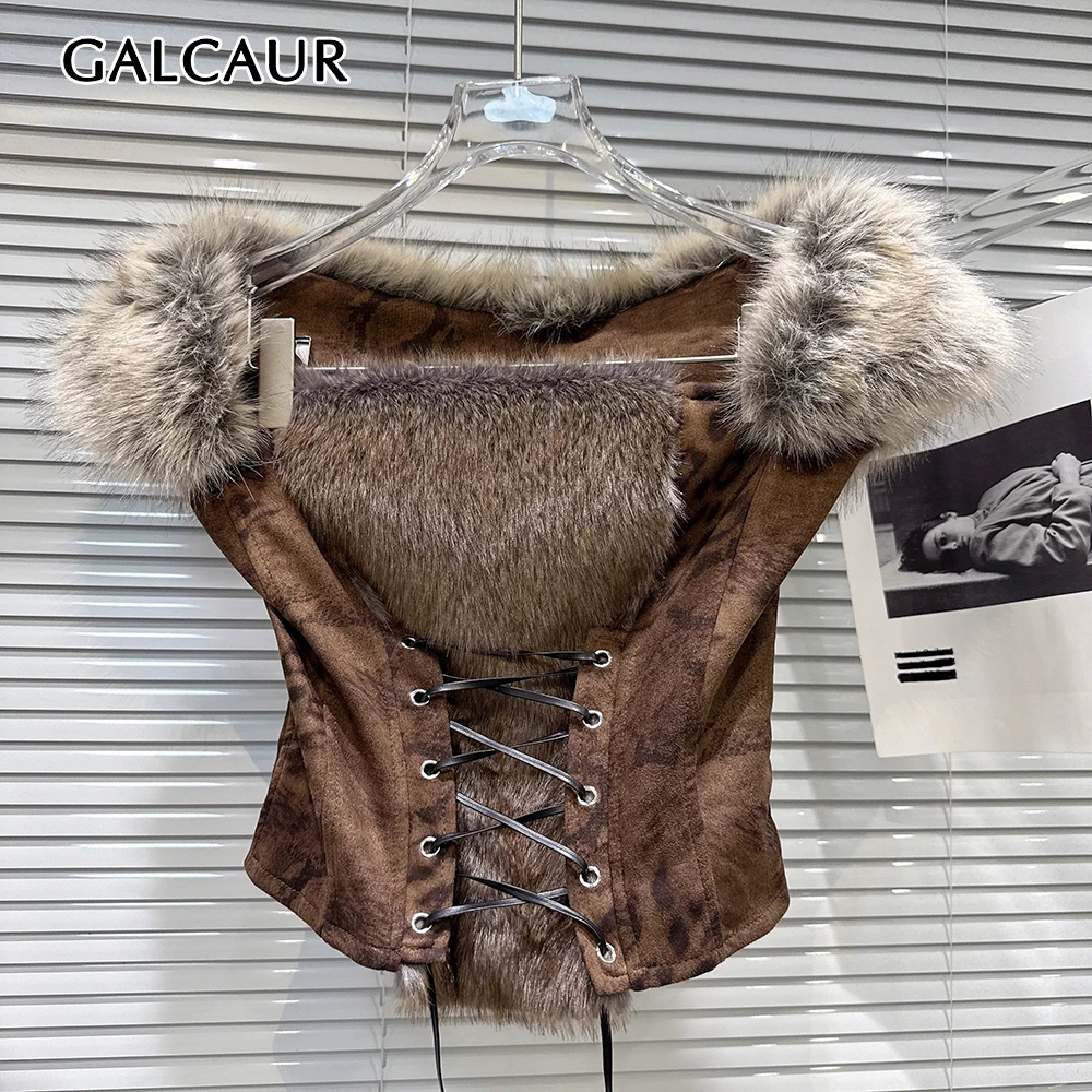 GALCAUR Fluffy Spliced Lace Up Slimming Solid Vest for Women Off Shoulder Sleeveless Patchwork Zipper Temperament Vests Female