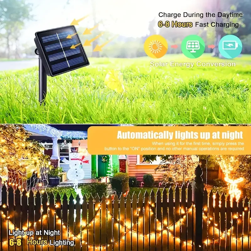 Solar Powered LED String Lights for Outdoor Christmas Garden Patio Balcony 8 Lighting Modes Waterproof Flickering Effect Light