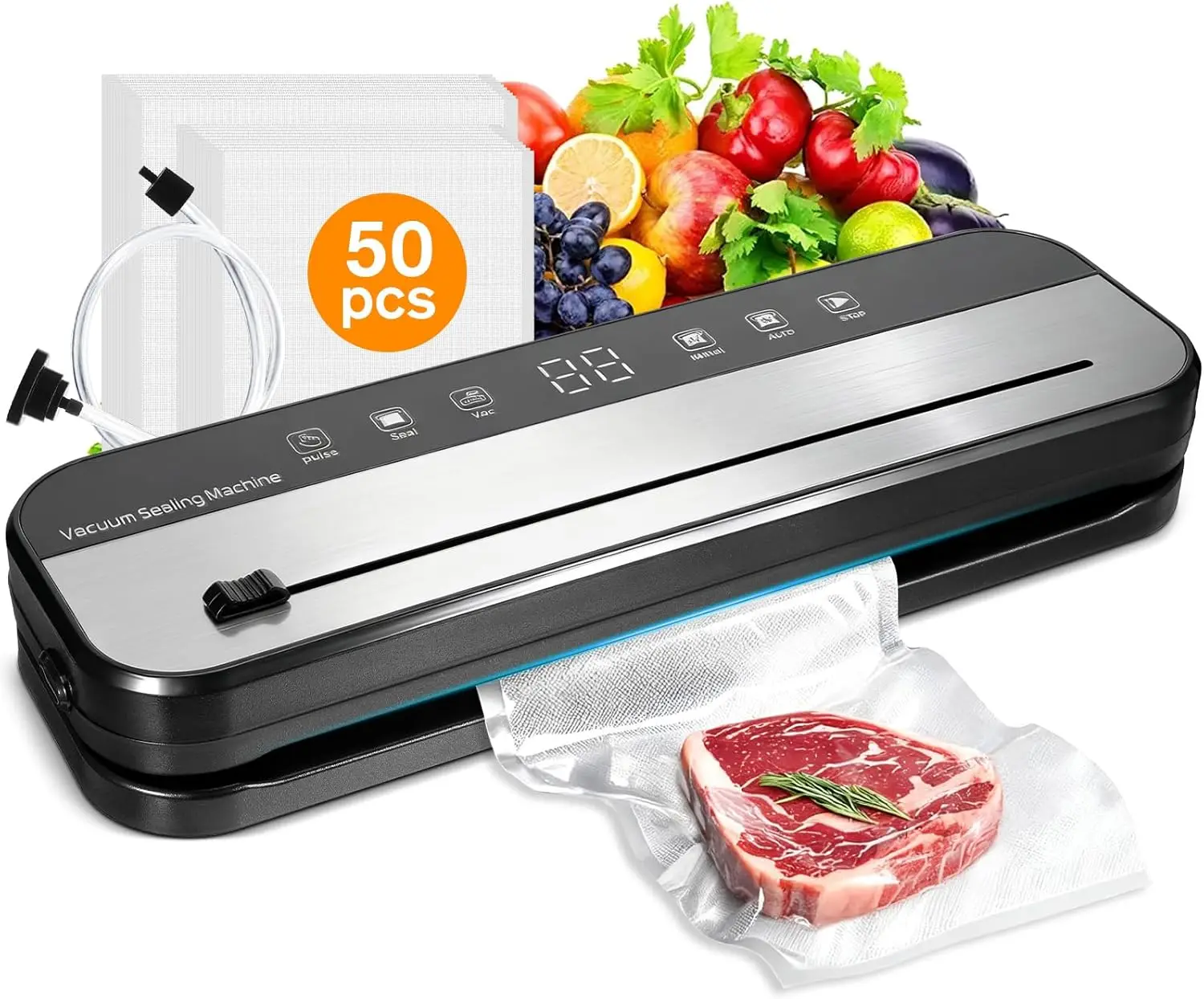 Food Saver Vacuum Sealer, 8-in-1 with 50 Bags, Built-in Cutter, Pulse & Dual Mode, for Jars & Containers