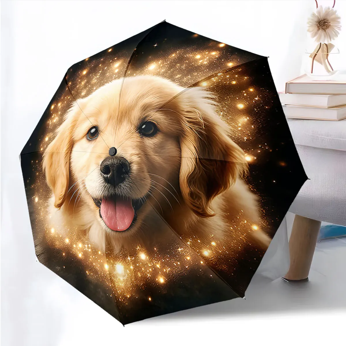 1PC Golden Retriever on Sparkling Umbrella Print 8 Iron Ribs Folding Umbrella Auto-Open Fashion Sunshade