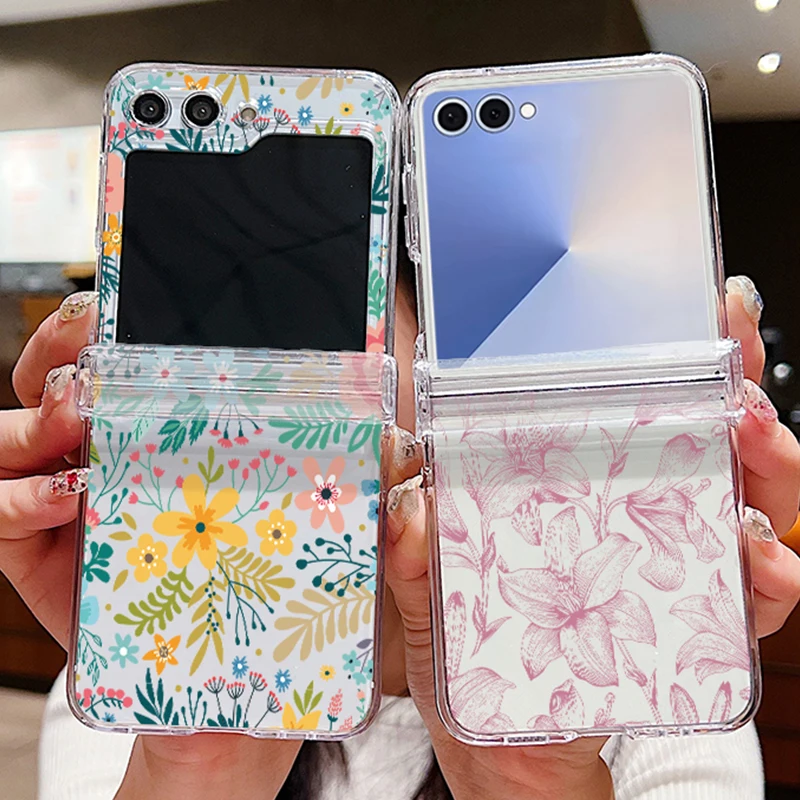 Colored Flowers Print Phone Case For Samsung Galaxy Z Flip 7 FE 6 5 4 3 5G Folding Hard PC Clear Cover For Samsung Z Flip7 Flip6