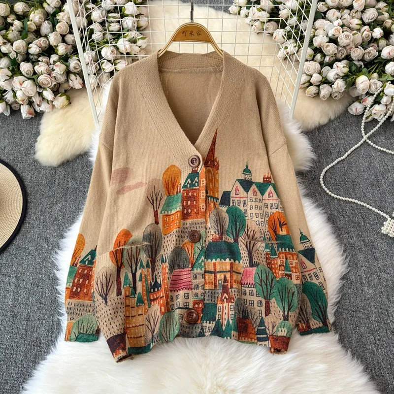 

Women's Korean Edition Casual Sweater Large Loose Retro Printed Cardigan Knitted Bottom Shirt Outerwear Top Winter Fashion 2024