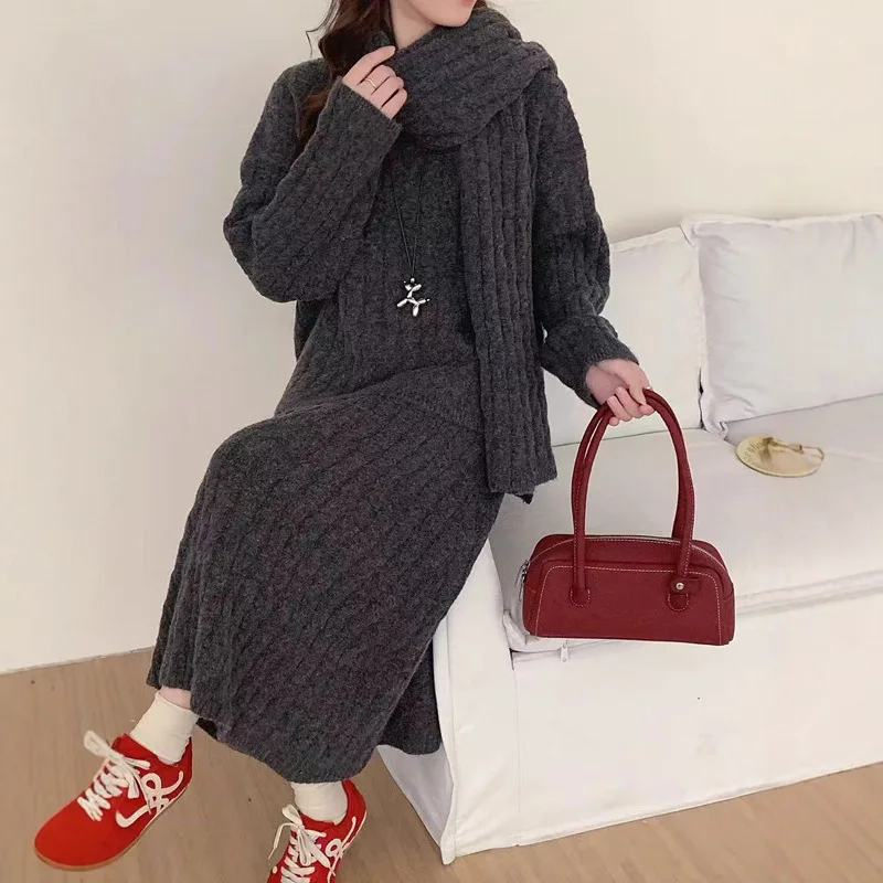 

Casual Style 2 Piece Set Long Sleeves Hooded Zipper Knitted Cardigan + Loose Sweater Skirt For Women Winter New E12233