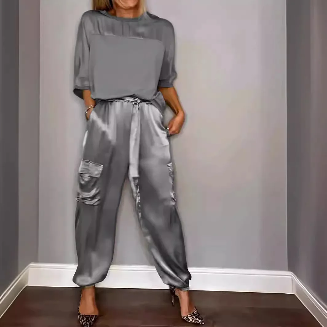 Spring Summer Satin 2 Piece Set Women Casual Solid Color 2 Piece Outfit Half Sleeve Tops Loose Fit Pants Suit Two Piece Sets