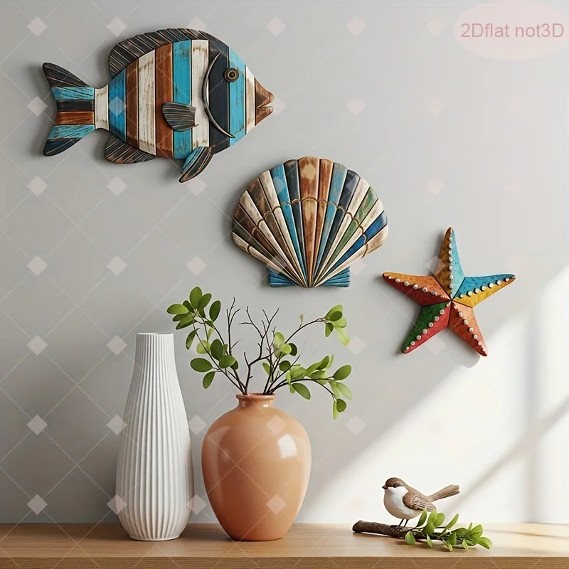 1 Set of Colorful Wooden Ocean Art Wooden Sea Fish Shells Starfish Farmhouse Style Decor Living Room Bedroom Wall Art Decoration