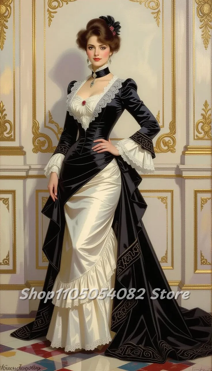 Vestido de fiesta elegante blanco y negro Vintage personalizado, mangas acampanadas victorianas, tren con volantes de encaje, vestido de noche Medieval