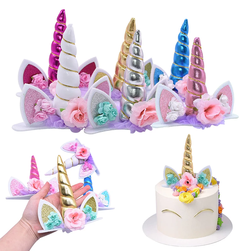 Unicorn Horns Cake Topper Kit Kids Birthday Cake Decorating Boy Girl Baby Shower Unicorn Theme Supplies Party Wedding Decoration