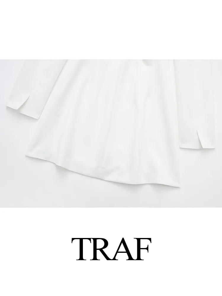 TRAF 2024 primavera donna moda Mini abito bianco colletto rovesciato manica lunga scava fuori decorare cerniera abiti eleganti femminili