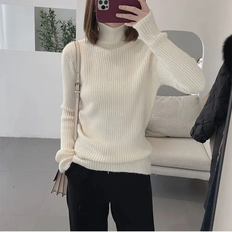 

Korean Mock Neck Women Pullover Spring Fashion Solid Simple Basic Casual Knit Sweater Loose Preppy All Match Bottoming Jumpers