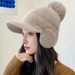 Autumn Winter Knitted Baseball Cap for Women  Big Pompom Plush Warm Baseball Cap Ladies Girl Sport Riding Ear Warmer Bonnet