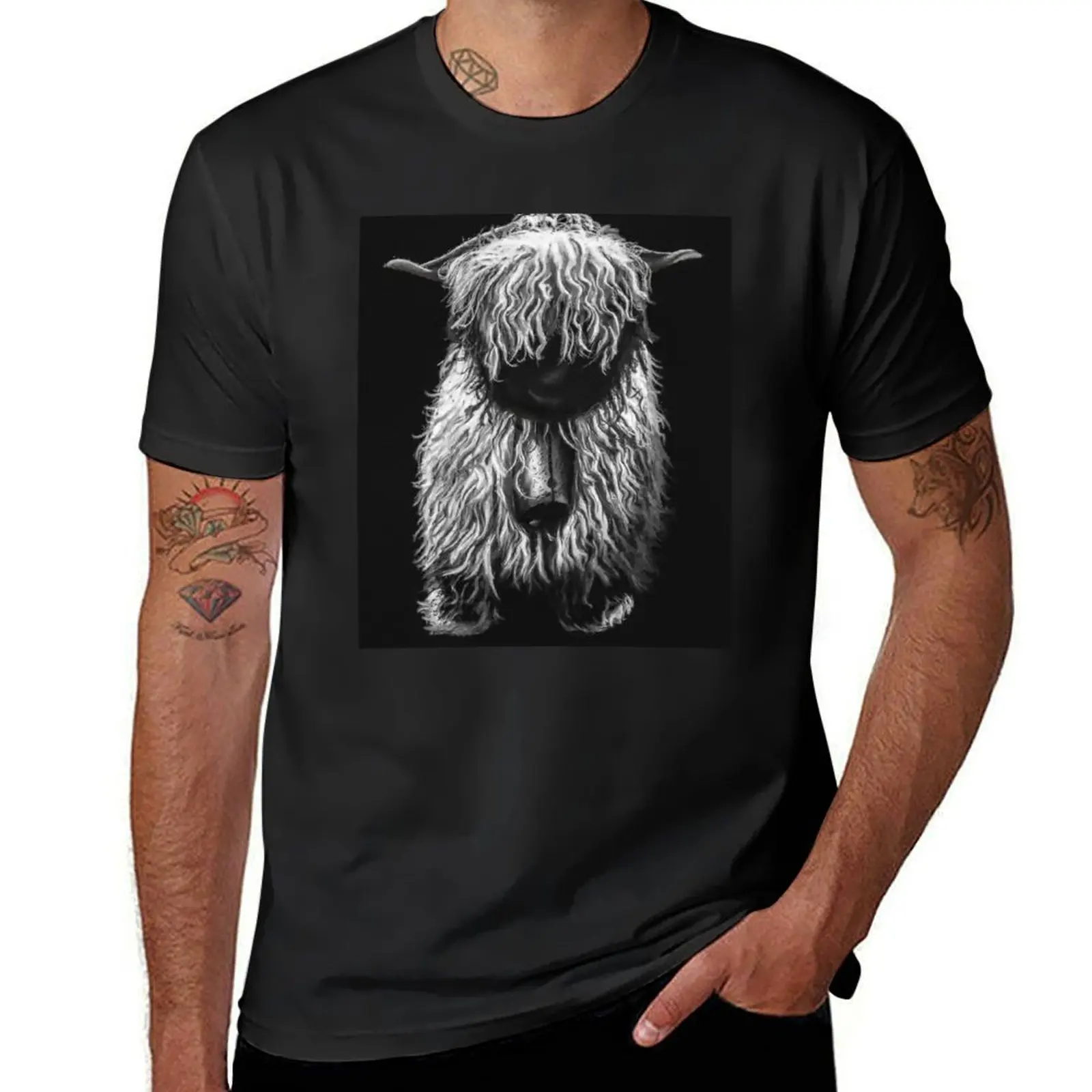 

Black And White Swiss Valais Blacknose Sheep, FluffyValais Blacknose Sheep Art, Cute Swiss Sheep Farm Animal Portrait, A T-Shirt