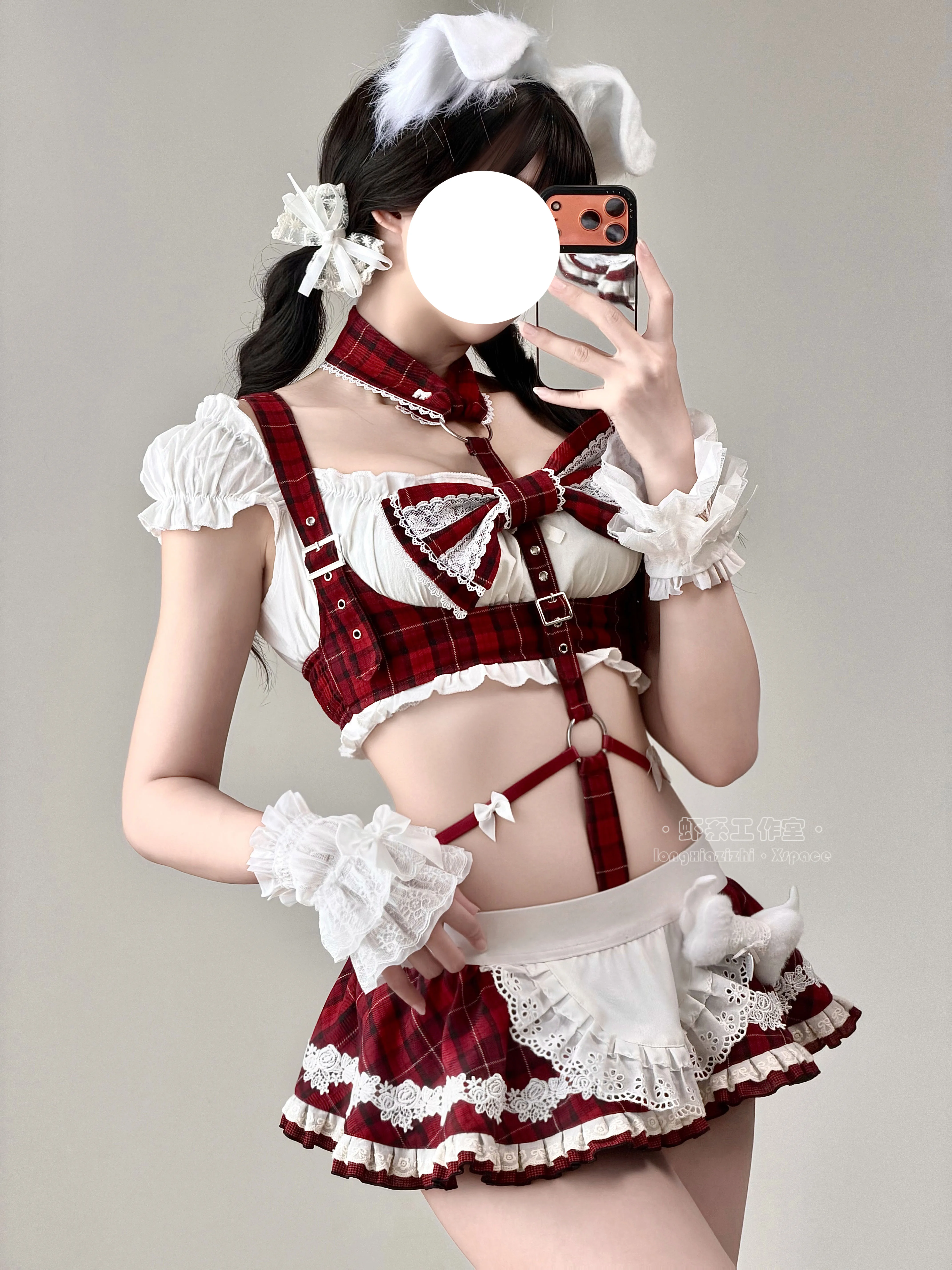 Kawaii Red Plaid Maid Cosplay Costume Sweet Bunny Girl Outfit Lace Bow Harness Mini Skirt Lolita Role Play Lingerie Set Women - view 6