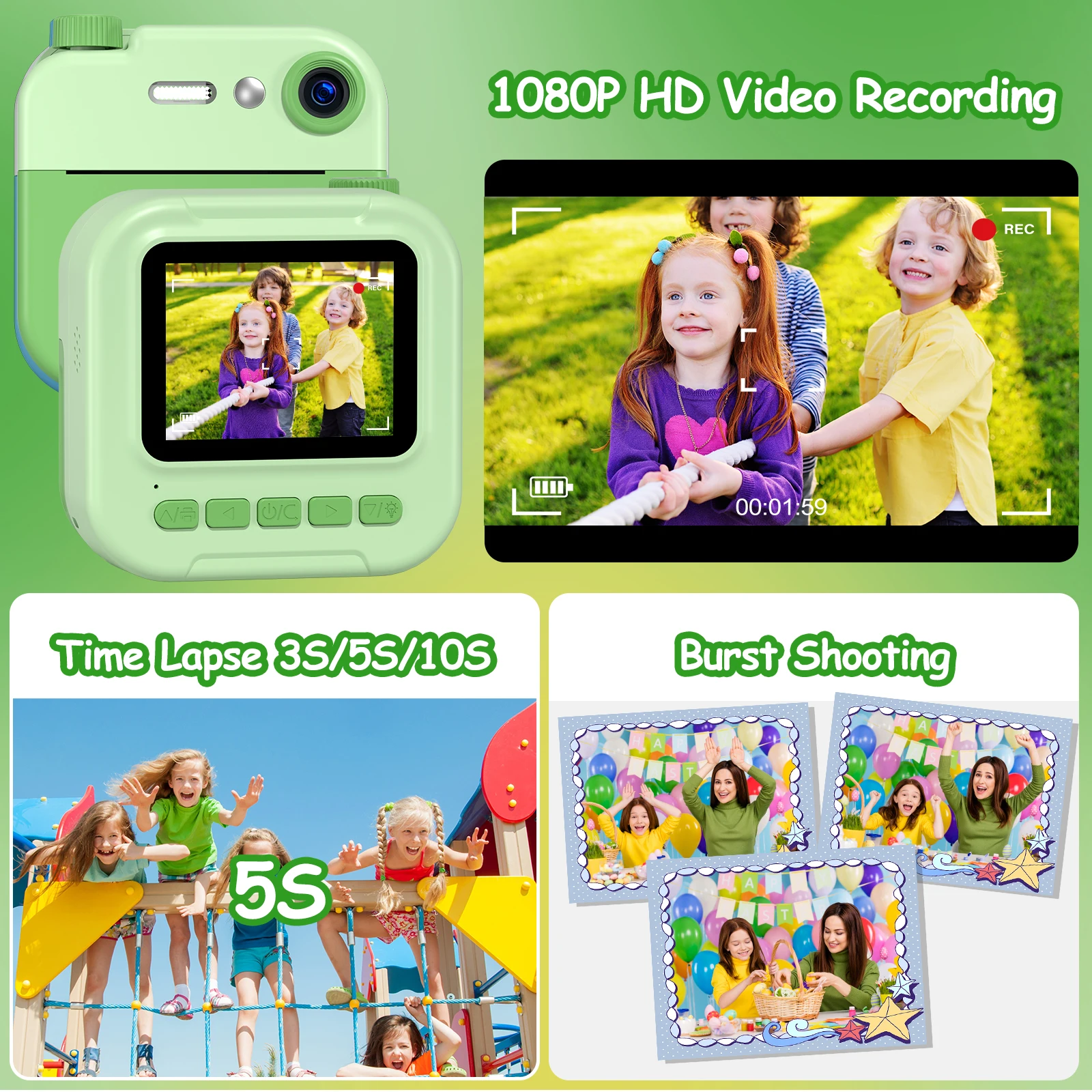 กล้องของเล่นเด็กขนาดเล็ก 1080P กล้องพิมพ์ภาพทันที กล้องดิจิตอลพกพา ของขวัญสำหรับเด็กชายและเด็กหญิง