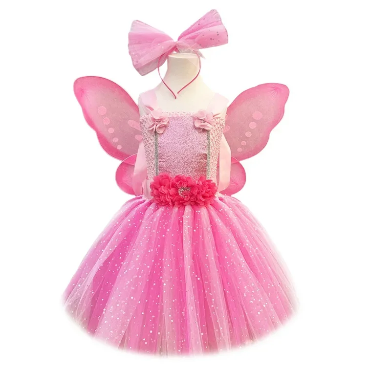 Sparkly Pink Fairy Tutu Dress for Girls Birthday Halloween Costumes for Kids Butterfly Wings Outfit Flower Girl Princess Dresses