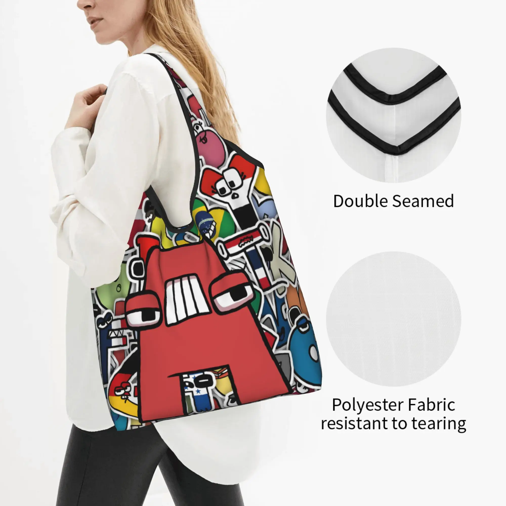 A-Alphabetes Hot Cartoon Grocery Shopping Bag Kawaii Shopper Shoulder Tote Bag Big Capacity Portable Manga Comic Handbag