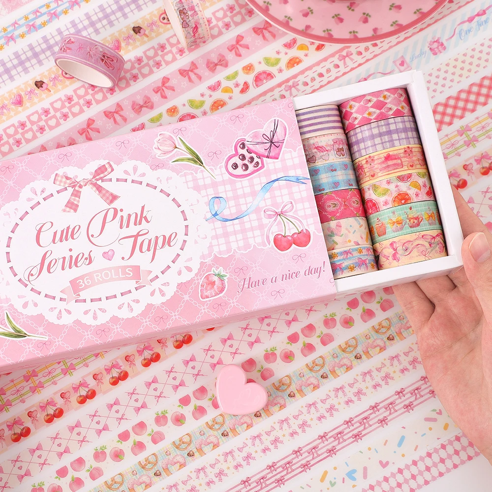 Kawaii Pink Washi Tape Set 36 Rolls Mixed Patterns with Butterfly Gingham Cherry Designs Decorative Craft Tapes for Scrapbooking