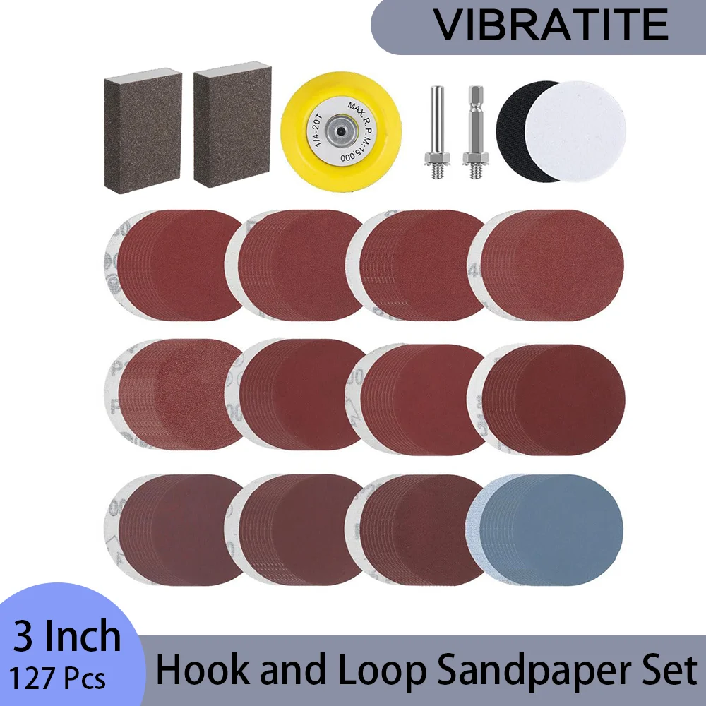 

3-дюймовый набор наждачной бумаги на липучке, 127 шт., различные зернистости 80-3000 с полировальной подушечкой, шлифовальной подушечкой для полировки металла, стекла автомобиля