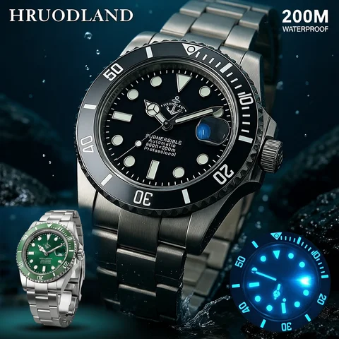 HRUODLAND Automatic Dive Watch Submarine Style for Men Sapphire Crystal PT5000 Mechanical Movement 200m Waterproof