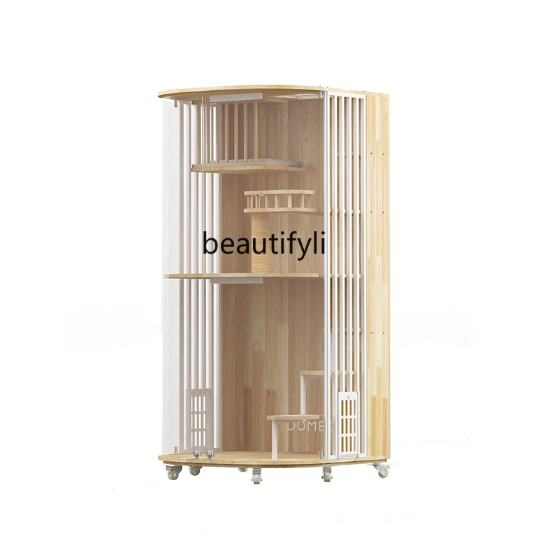 

New panoramic cat villa household breathable large curved door solid wood cat house automatic cat toilet