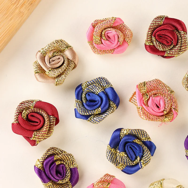 New 50pcs 25mm Gold thread Silk weaving Rose Flower Heads For DIY Headware Clothing Accessorie Wedding Decoration