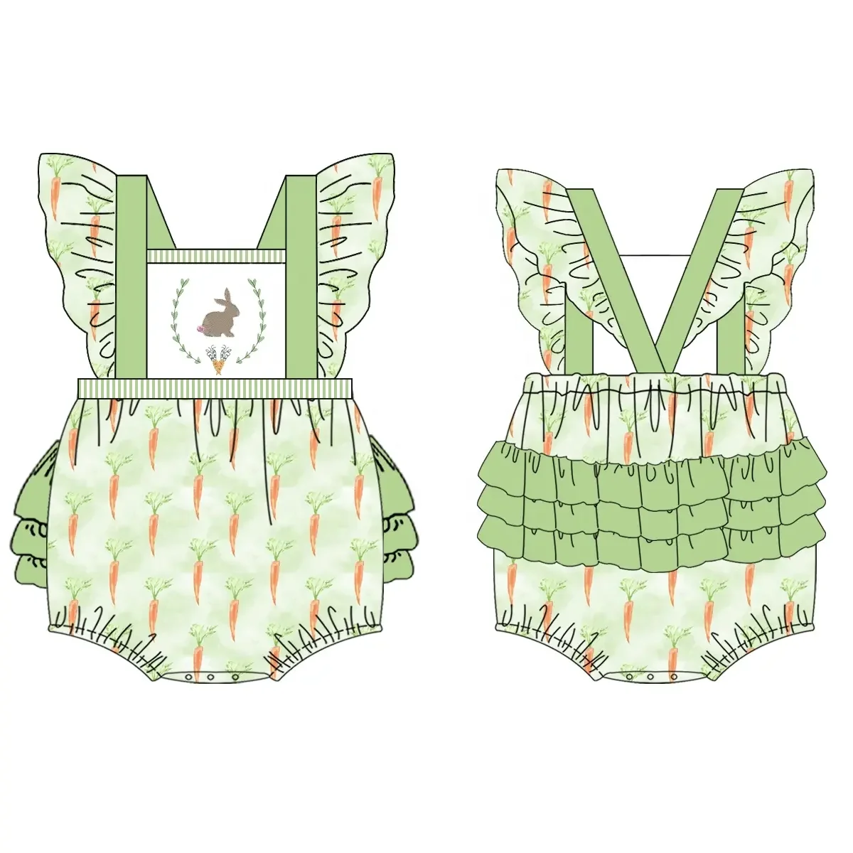 Easter Collection Green cute carrot print Girls dress Boys short sleeve suit baby onesie Siblings suit