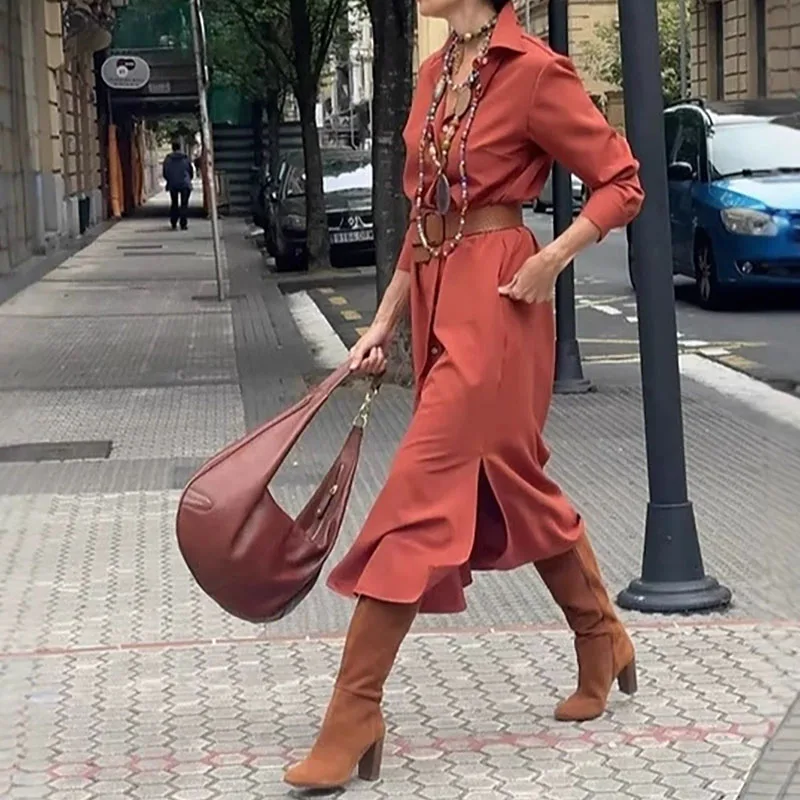 Hemdkragen, hohe Taille, Temperament, einfarbiges Kleid, lockerer, lässiger Pendlerstil, mittellanger Rock für Frühling und Herbst