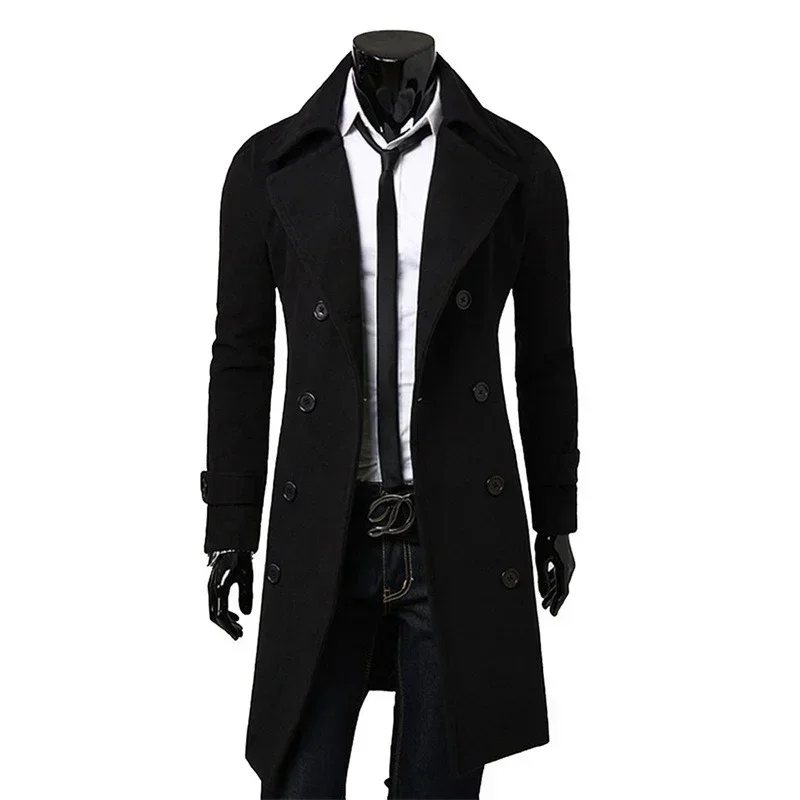 Men Double Breasted Trench Coat 2024 Autumn Winter Wool Blend High Quality Fashion Casual Slim Fit Solid Color Male Coat Jacket