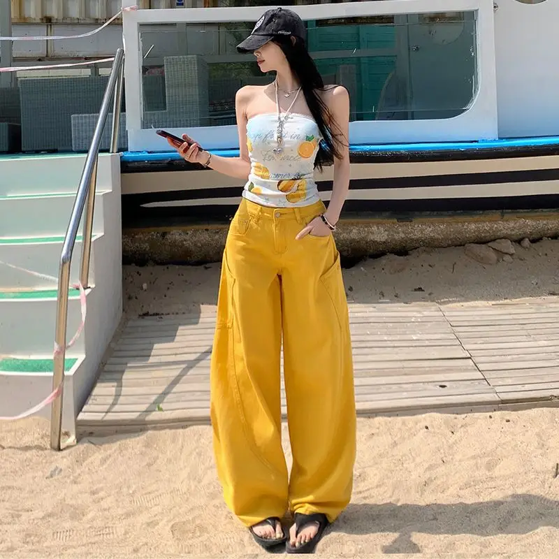 

American Retro｜Scimitar Denim｜Letter Embroidery｜Patchwork Loose Wide-Leg Jeans