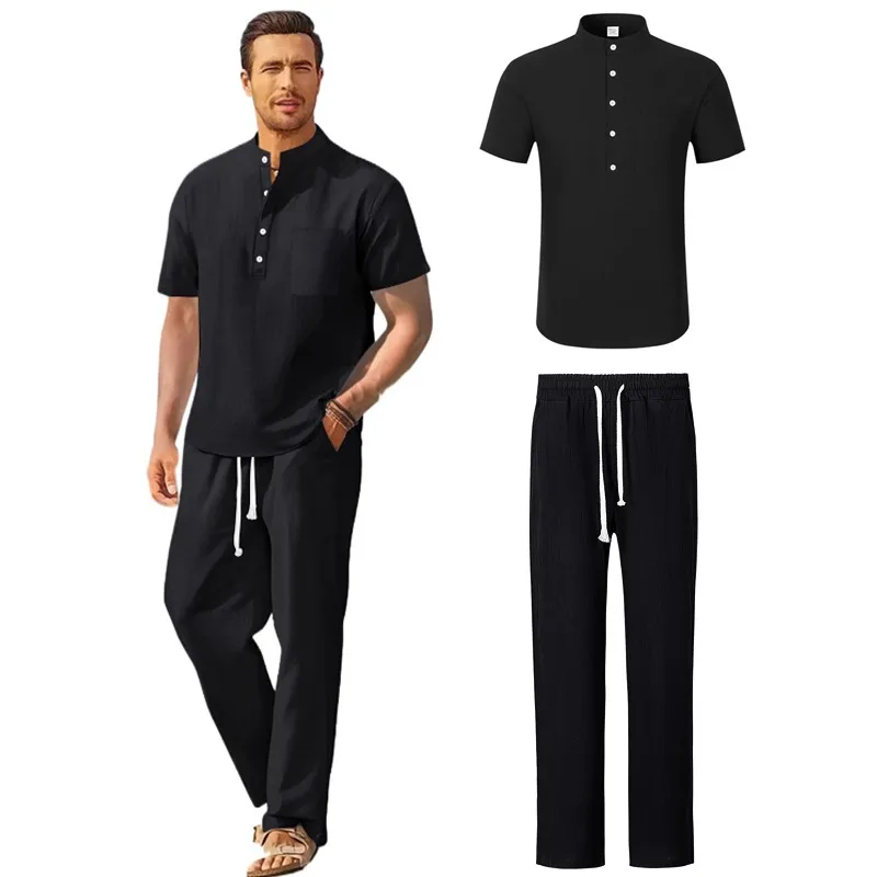 

2025 New Spring and Summer New Men's Clothing Men's Loose Casual Cotton and Linen Short-sleeved Trousers camping Suit