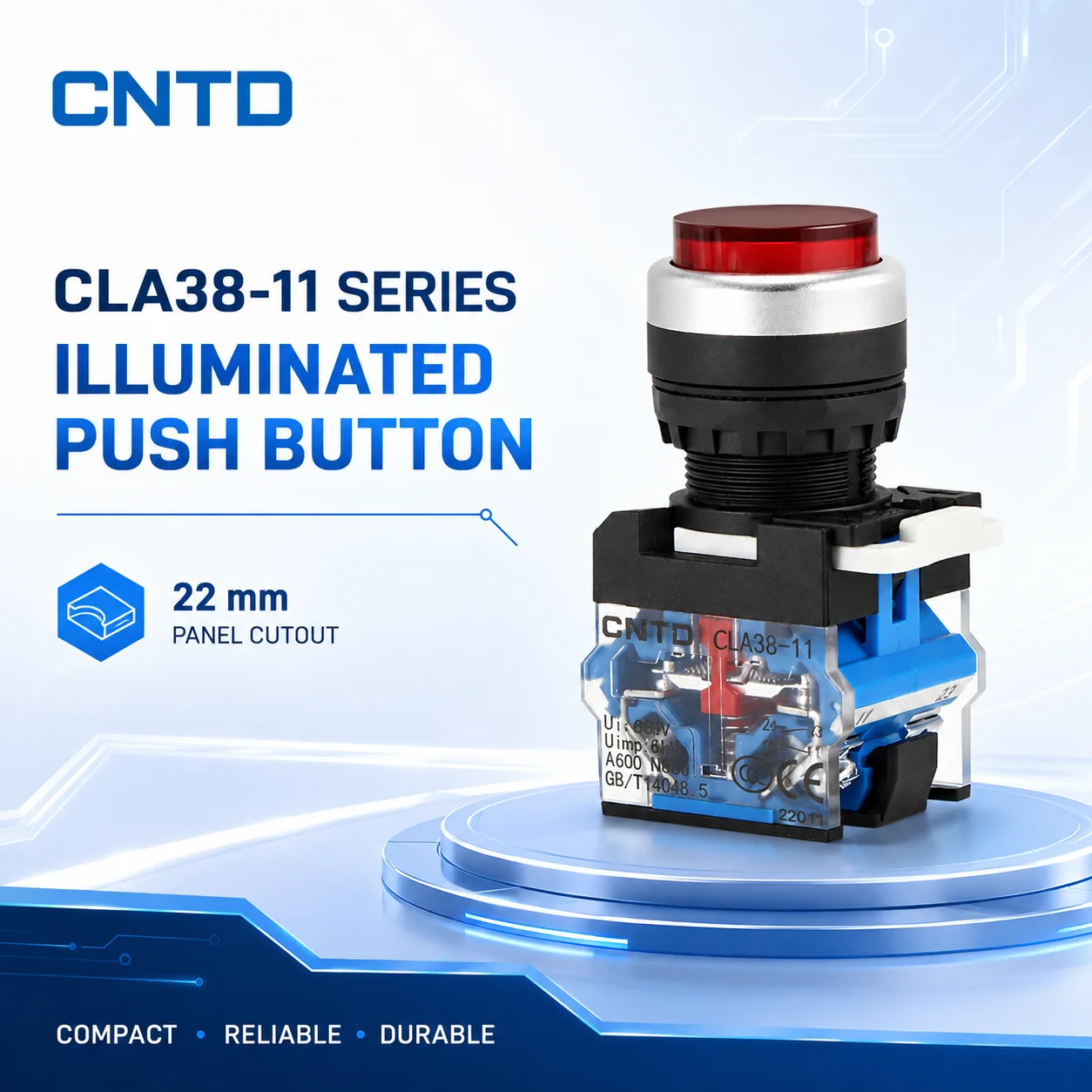 CNTD Push Button Switch CLA38‑11GNL‑R, Raised Head, Self‑locking Momentary Reset, Silver Contacts red yellow green color button