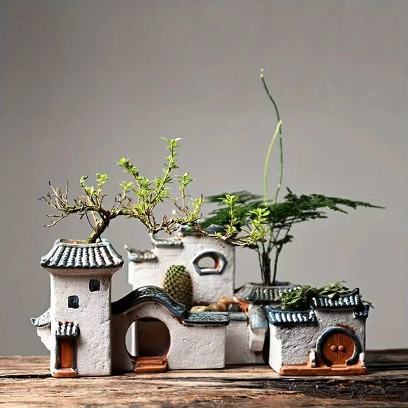 Modern White Ceramic Zen House Plant Pot with Pagoda Roof - Miniature Landscape Bonsai & Succulent Planter