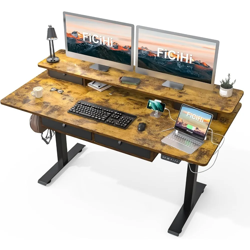 US Shipping Electric Height Adjustable Standing Desk 55 x 30 Inches with 4 Drawers Two Tiers Monitor Riser 3 Memory Presets