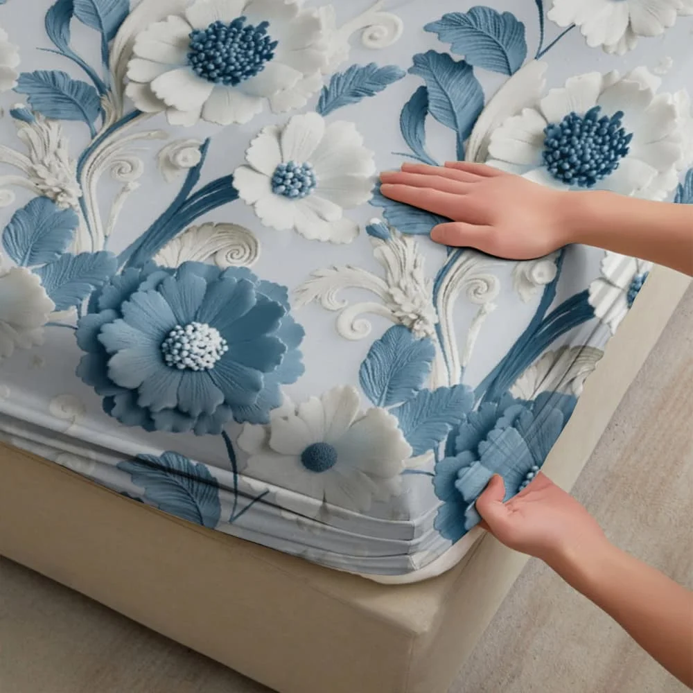1 Stück Frisches Blaues Blumenmuster Spannbettlaken mit Tiefen Taschen Elastischer Matratzenbezug Einzel Doppel Queen King Schlafzimmer Deko
