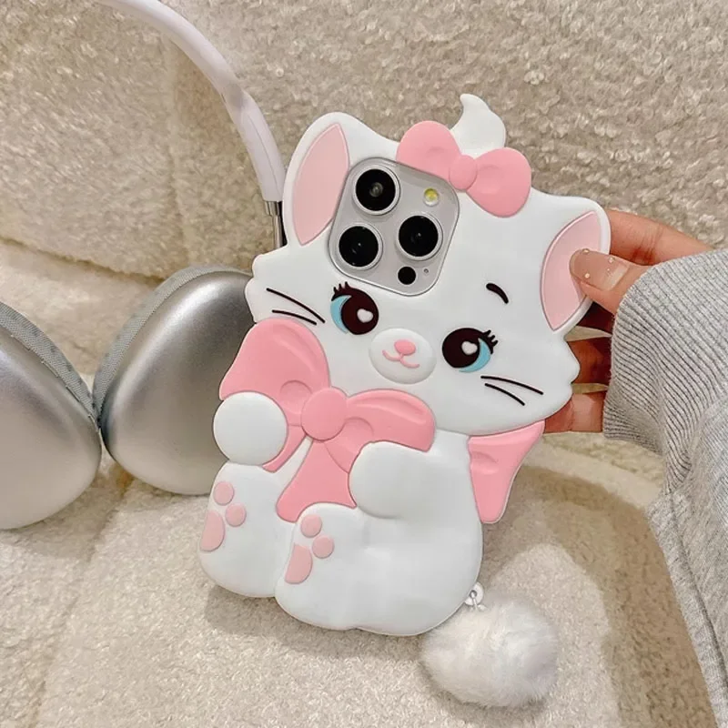 Disney Marie Cat Bow Cute Y2K Girl Gift Phone Case For iPhone 16 15 14 13 12 11 Pro Max Lovely Anti Drop Silicone Soft Cover