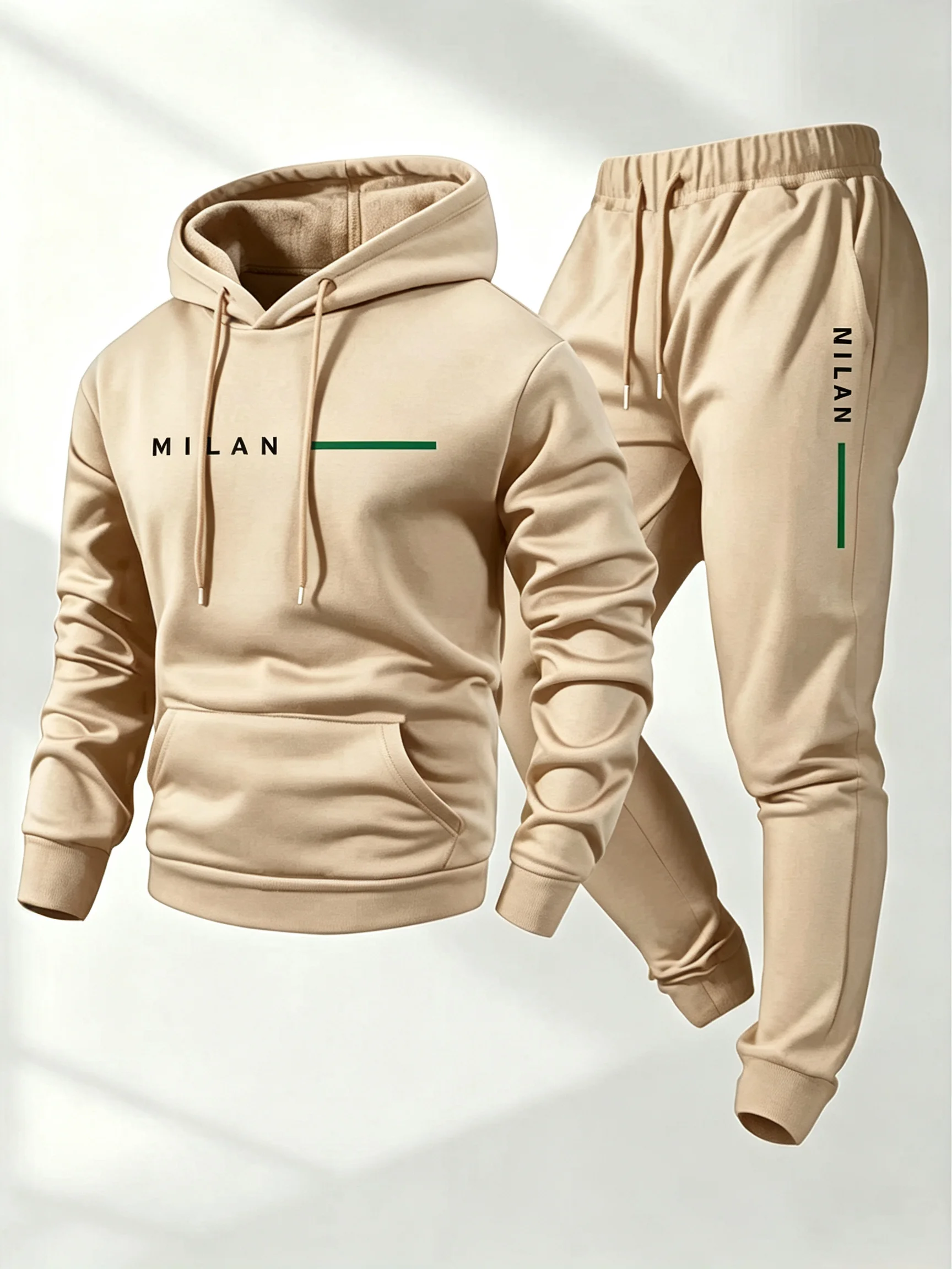 Unisex Hoodie & Jogger Pants 2 Piece Set Green Striped Print Casual Tracksuit Thick Warm Sports Suit For Daily Commute Jogging view 5