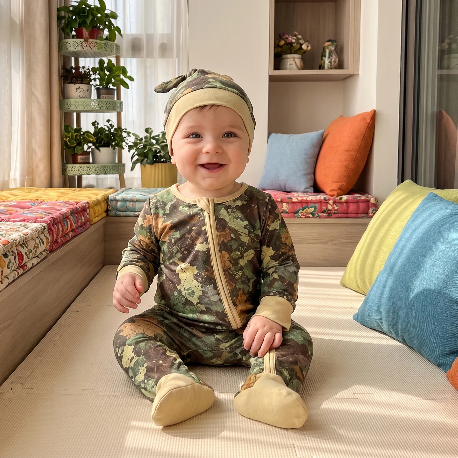 Baby Boys Zip Up Bodysuit Long Sleeve Camouflage Footed Romper Hat