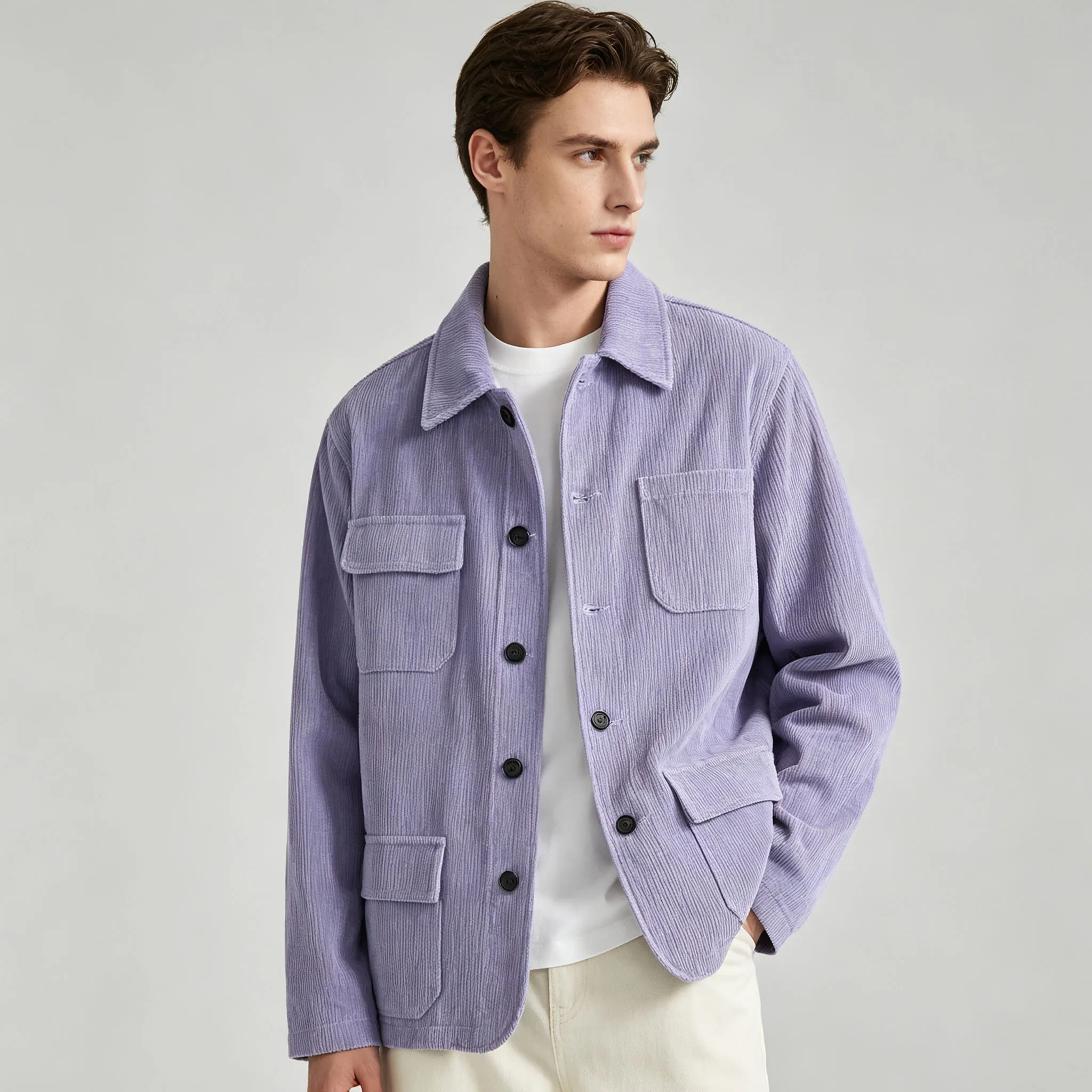 Men's Corduroy Shirt Jacket Vintage Navy Blue Multi Flap Pockets Lapel Collar Casual Sport Coat For Autumn Streetwear Date Night