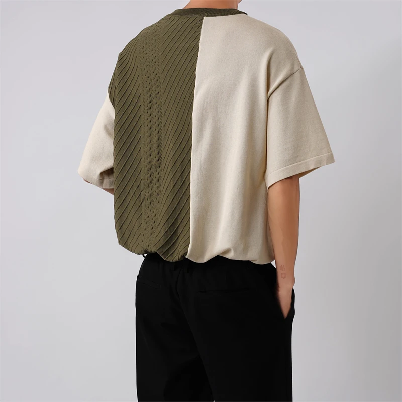 Ice Silk Thin Patchwork Apricot Green Summer Loose Short Sleeve Men Fashion Casual Oversized T Shirt Clothes Japanese Streetwear