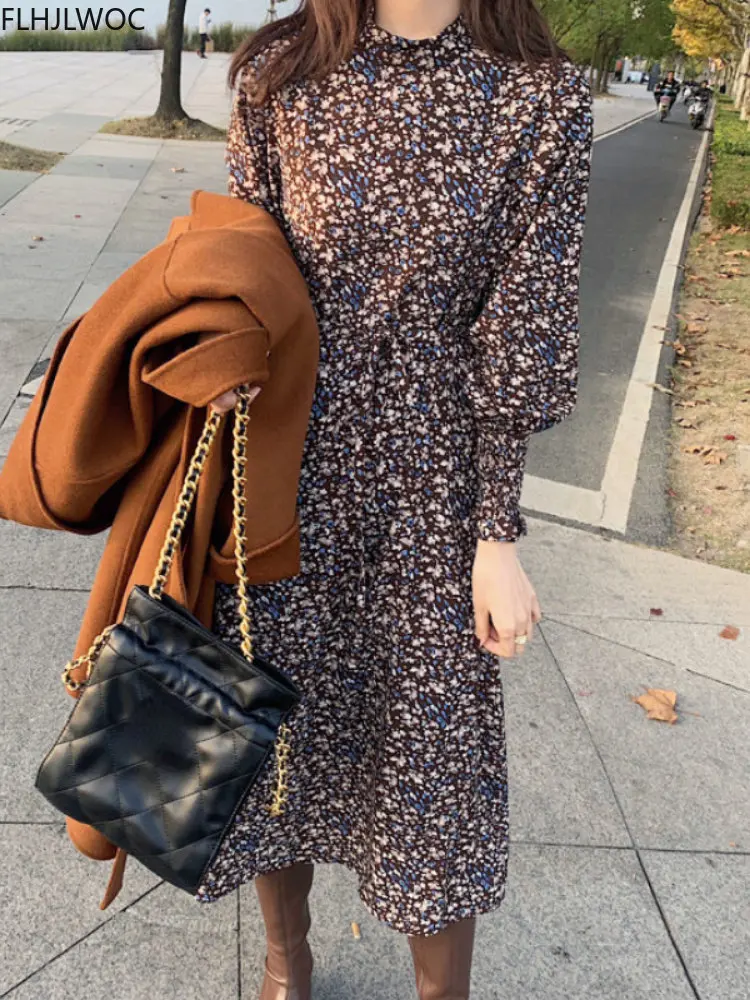 Retro Vintage Floral Printed Long Dress 2022 Autumn Winter Basic Wear Warm Velvet Women Purple Korean Chic Dresses Vestidos