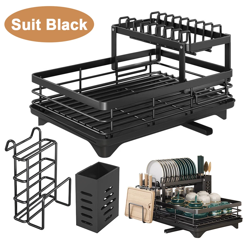 

High Quality Carbon Steel Dish Drying Rack with Cutlery Holder for Kitchen Counter Organization and Sink Storage