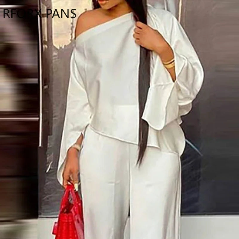 Women Solid Asymmetrical Flared Sleeves One Shoulder Wide Leg White Pants sets