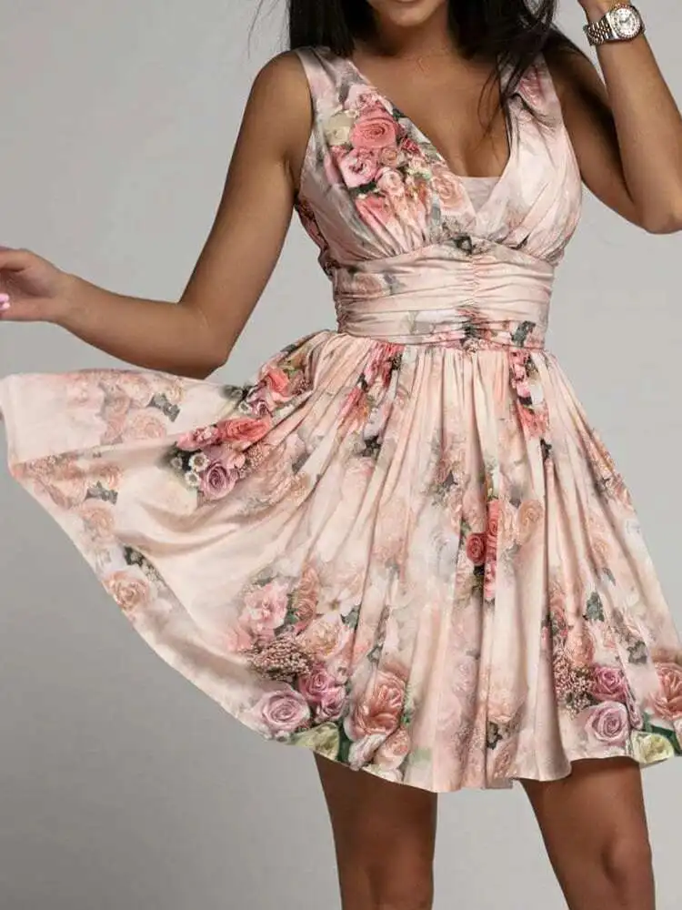 Femme geplooide hoge taille vetersluiting zomer streetwear backless slanke print v-hals off-shoulder dames mini-jurk