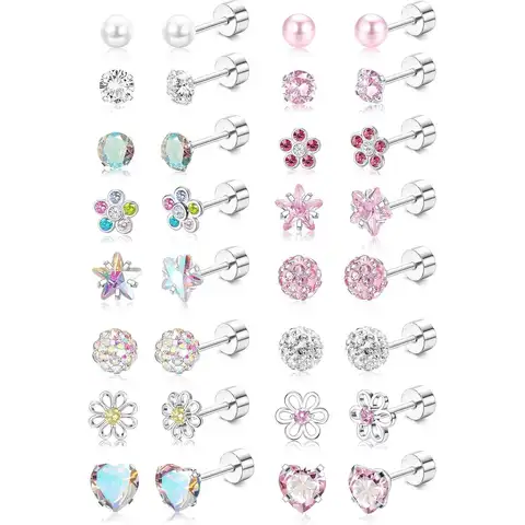 16 pares de pendientes hipoalergénicos con parte trasera de tornillo para mujer, acero quirúrgico, bola de perla CZ, corazón, flor, parte posterior plana, juego de pendientes de 20G