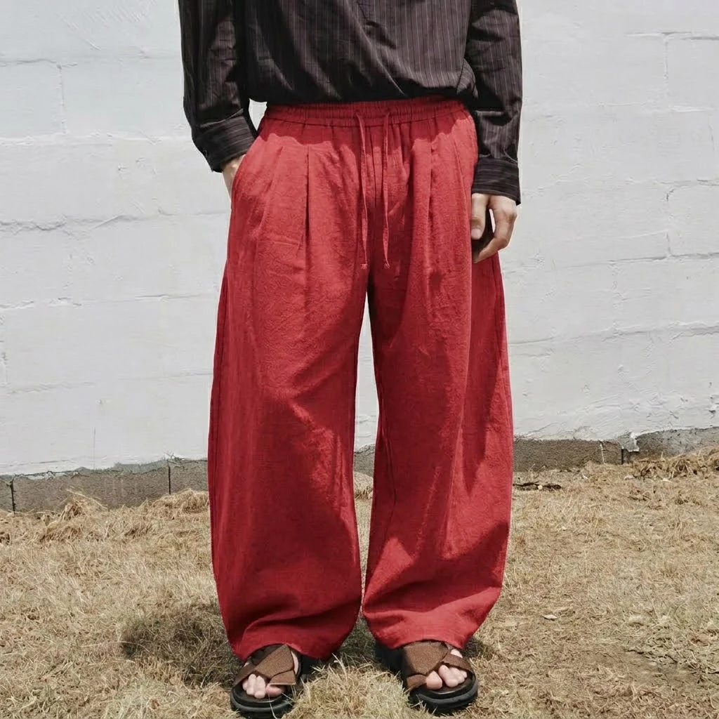 Neue Herren-Freizeithose aus Baumwolle mit weitem Bein, lockerer Passform, Kordelzug und elastischem Bund, atmungsaktive Baggy-Hose in Unifarbe, Streetwear – Detail 9