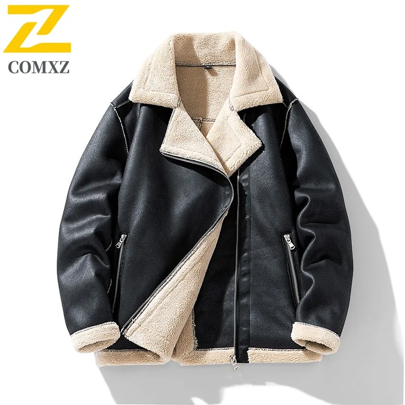 

COMXZ 2025 Мужская замшевая кожаная куртка премиум-класса, осенне-зимняя модная куртка с отложным воротником и флисовой подкладкой, толстое теплое повседневное пальто