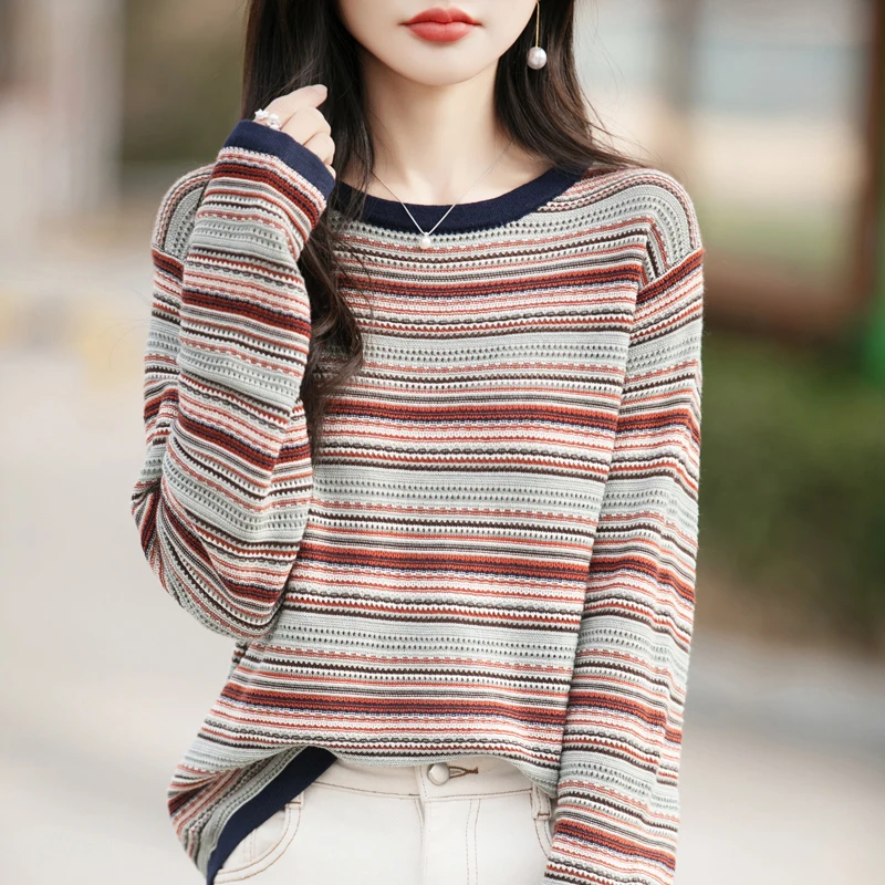 

Autumn and Winter New Women's O-neck Stripe Pullover 100% Cotton Fashion Soft Warm Sweater Loose Knitted Women's Hot Selling Top