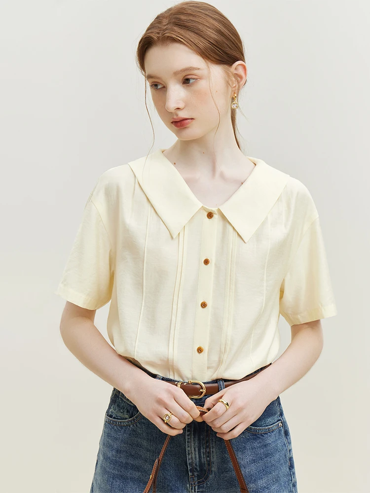 FSLE Simple Retro Short-sleeved V-neck Shirt for Women Summer 2023 Chic Loose Casual Office Lady Lapel Top Shirt Female