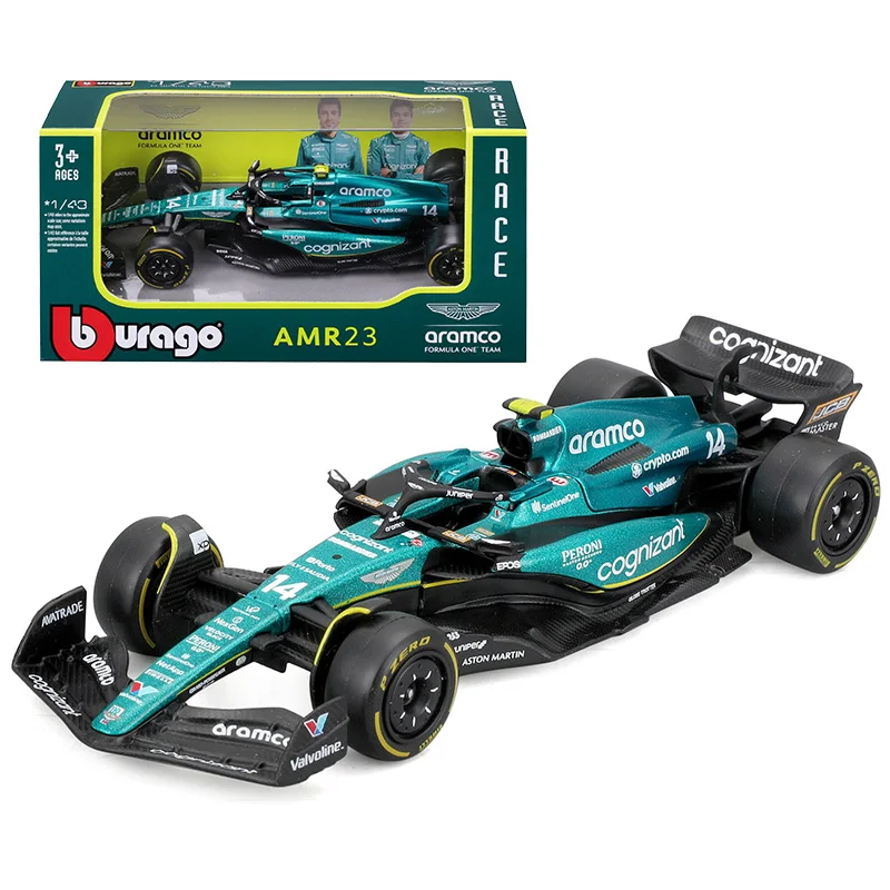 Bburago-Fórmula Liga Diecast Model Car, Coleção Presentes, F1 Aston Martin Aramco Team, Alonso Alonso, Fórmula 23, #14, Fórmula 18, #18