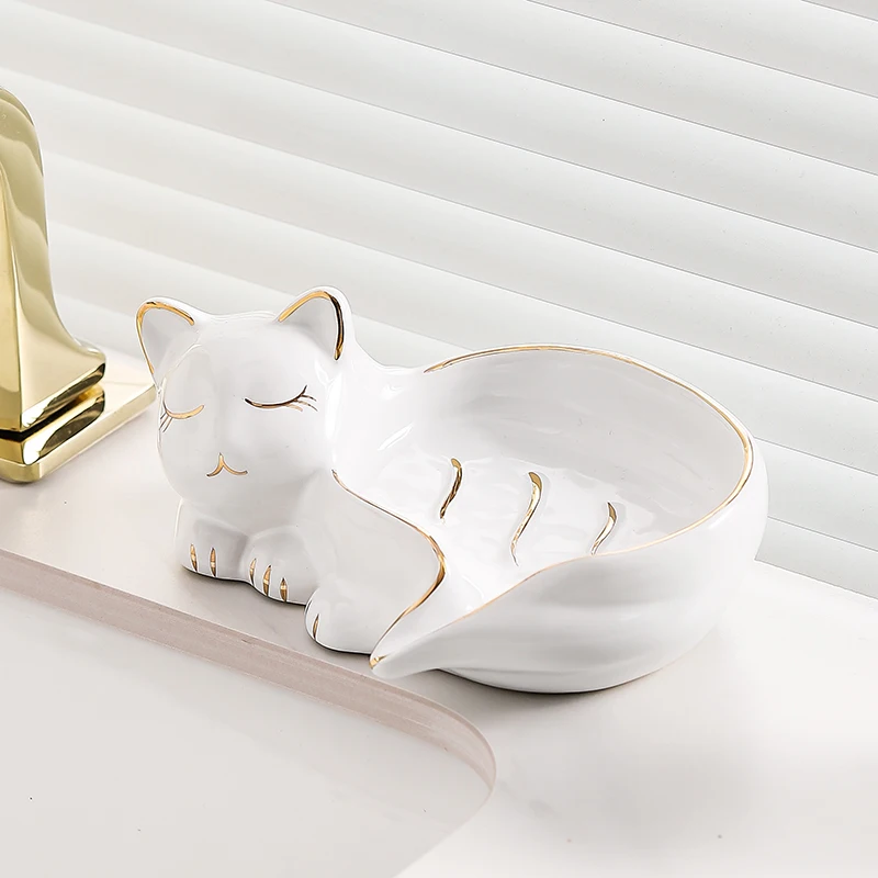 Bathroom cute cat decorations light luxury high-end punch-free ceramic soap box soap dish drain rack