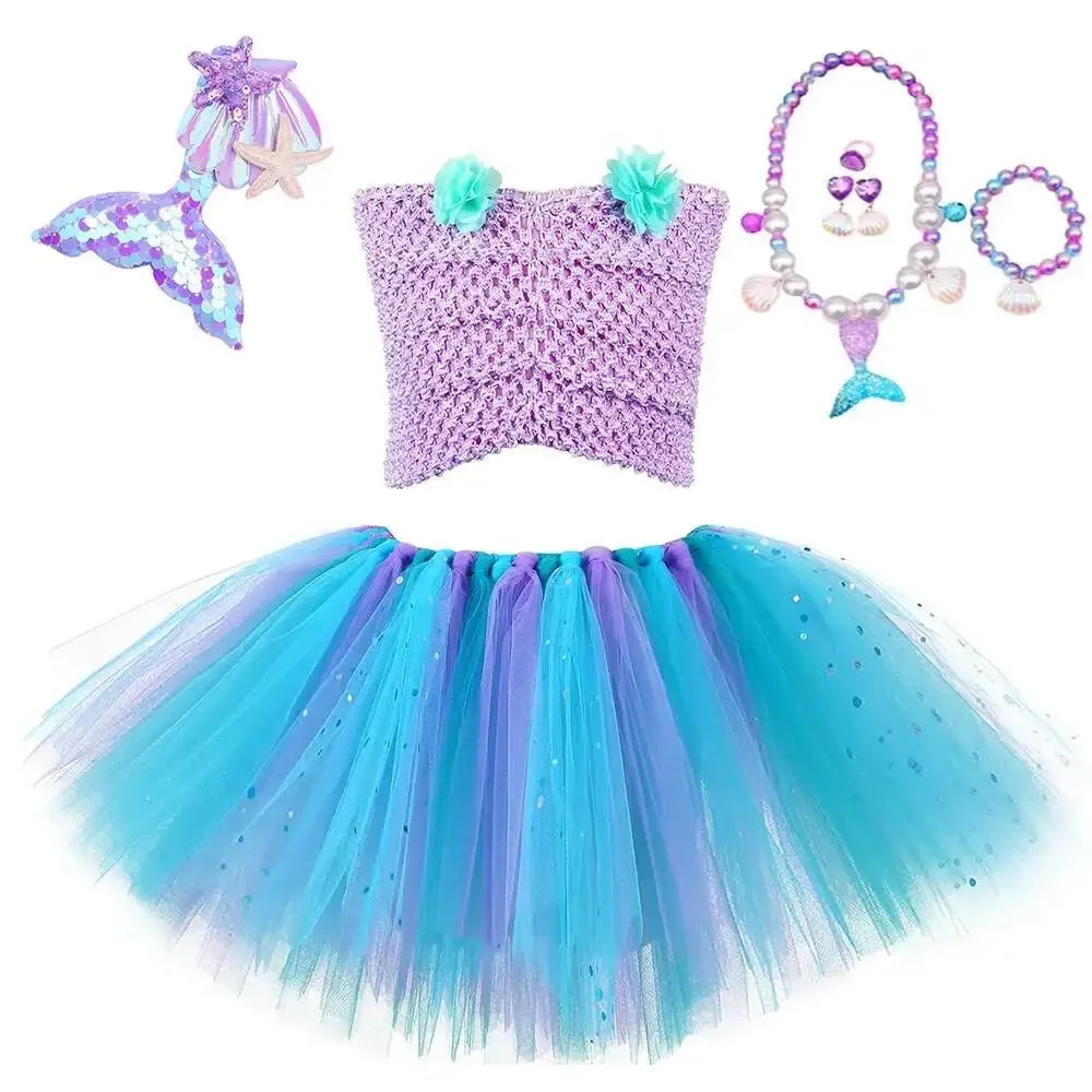 

Sparkly Princess Mermaid Dresses for Girls Seamaid Ballet Tutus Set Birthday Costumes Skirt Outfit with Fish Tail Hairclip